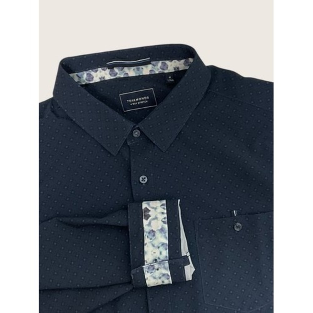 NWOT 7 Diamonds 4 Way Stretch Navy Blue Geometric Short Slv. Shirt Men M Vietnam